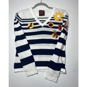 Happy Sheep Women Navy White Striped Cotton Mesh Sweater Crochet Patches Small